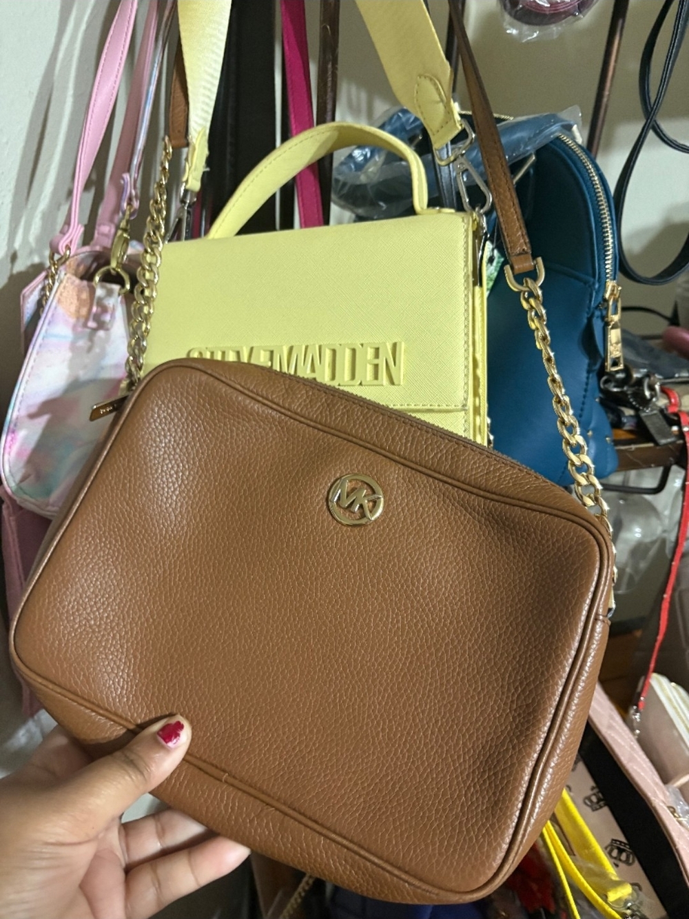 Michael Kors Brown Pebbled Leather Crossbody with Gold MK Logo